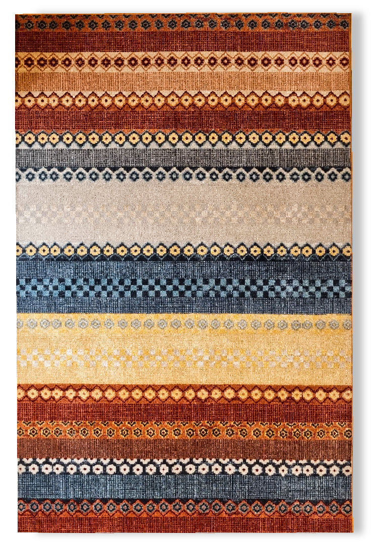 Lycra “Savanna Stripes” Boho Carpet – Warm Multicolor Tribal Pattern for Modern Interiors